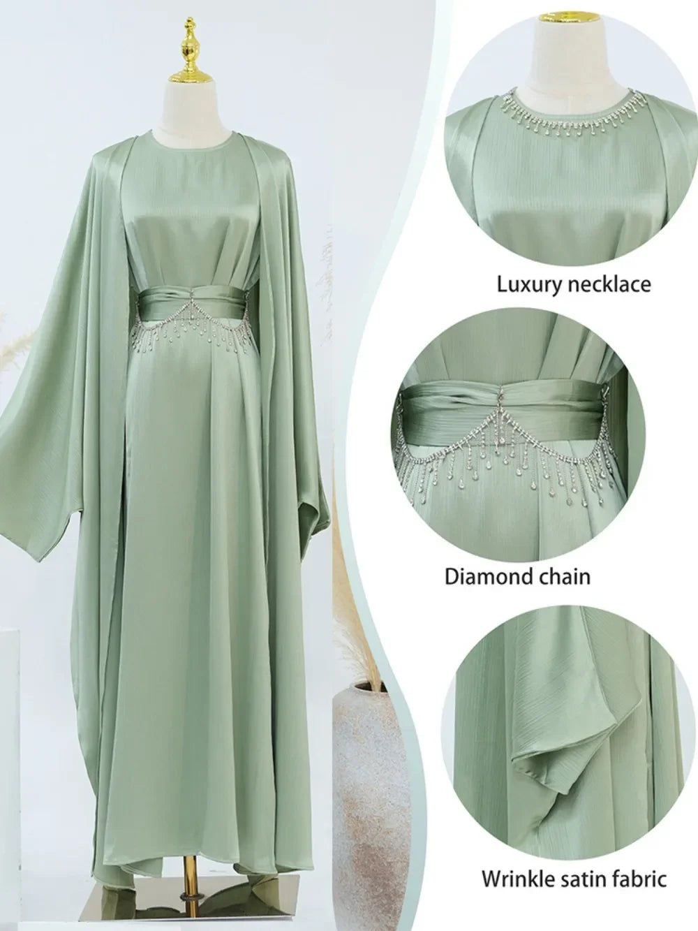 Ramadan Muslim Women 2 Piece Set with Chain Party Dresses Abaya Eid Jalabiya Sashes Diamond Morocco Dubai Kaftan Cardigan Robe.