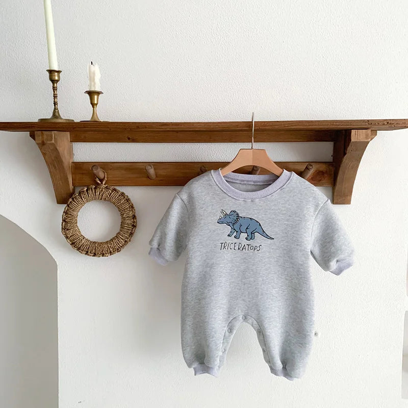 Neuankömmling Cartoon Dino Print Baby Neugeborenen Stram pler Säuglings mädchen Overalls Langarm Jungen Kleidung ein Stück
