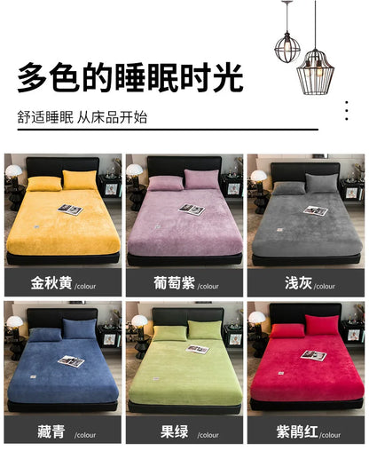 Warm Plush Fitted Sheet Elastic Mattress Cover Fluffy Velvet Fleece Bed Linen Couple Thermal Double Bed Not Included Pillowcase.