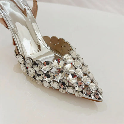 Liyke Elegant Pointed Toe Slingback Stiletto Sandals Crystal Diamonds Women Pumps High Heels Wedding Prom Shoes Zapatos Mujer.