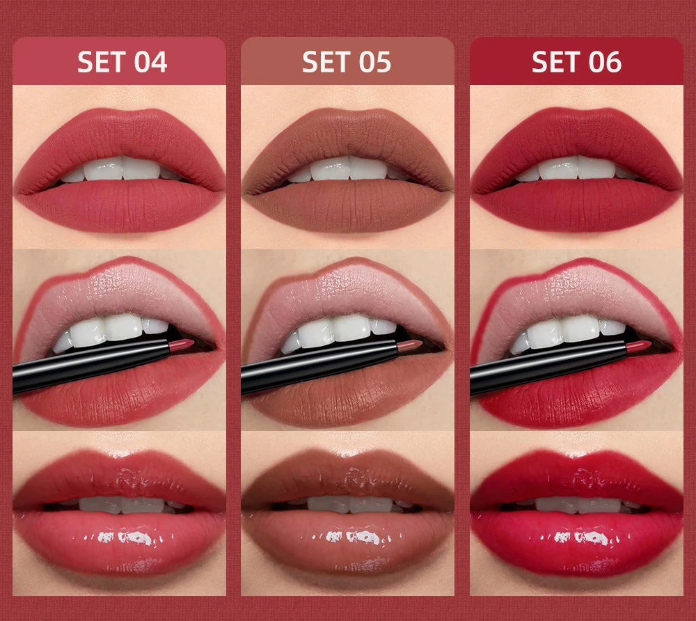 3pcs Matte Liquid Lipstick+Lip Liner Set Lip Glaze Makeup Nude Black Red Velvet Lip Gloss Long Lasting Lip Tint Cosmetics Kits.