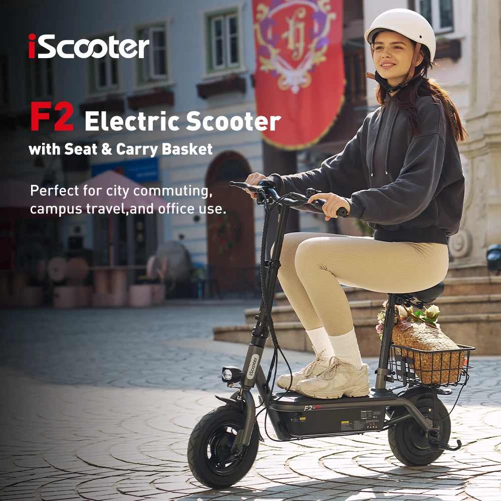 iScooter - F2 Electric Scooter with 500W Motor, 36V 7.8Ah Battery, 10-inch Tires, Adult Foldable Electric Scooter with Seat.