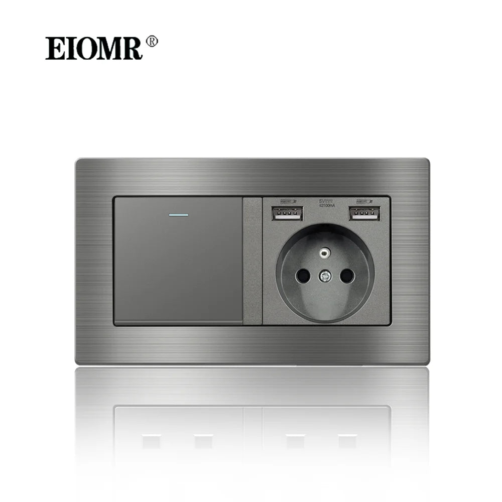 EIOMR Frankreich Standard-Steckdose, graue Aluminiumlegierung, Lichtschalter, RJ45, Fernseher, 220 V, 16 A, Wandsteckdosen für Haushaltsgeräte