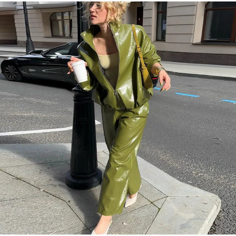 Stylish Leather Solid Jacket Pants Set Women Stand Collar Zipper Coat Loose Trousers Sets Female 2025 Autumn Fashion Streetwears