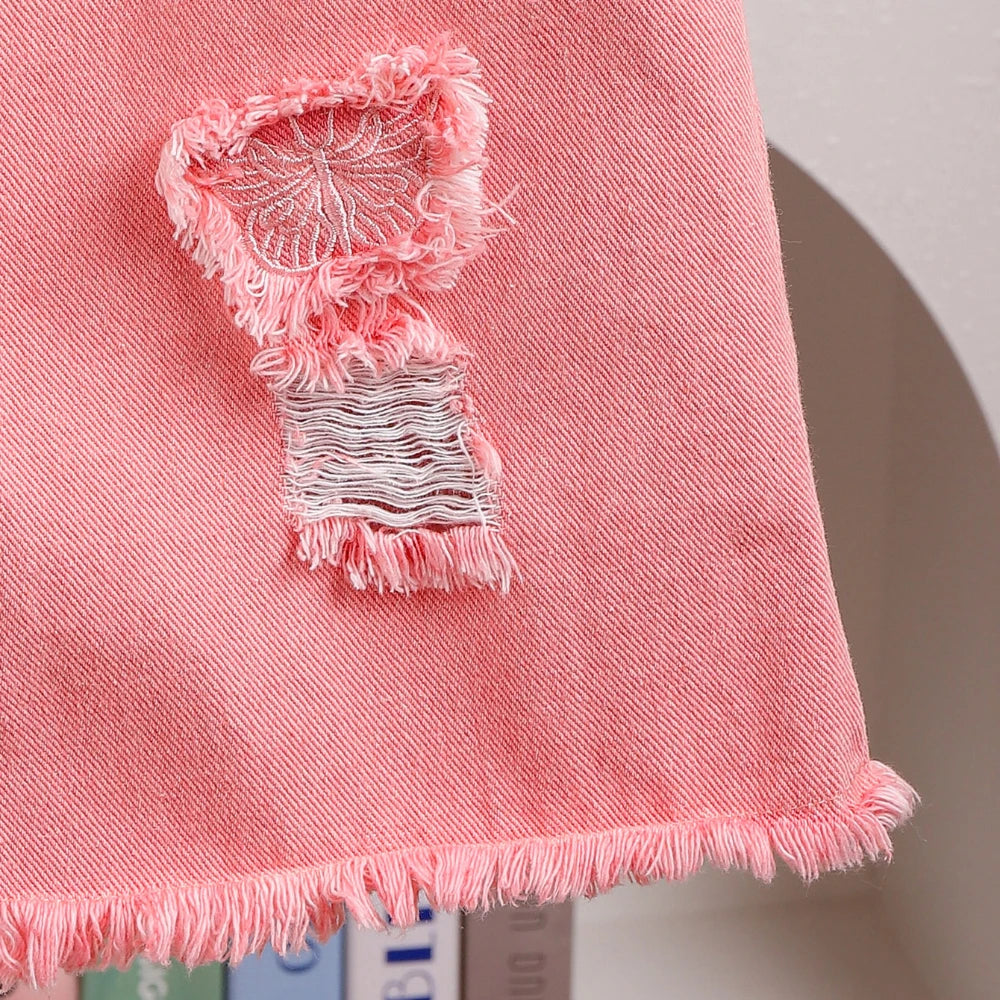 Bear Leader 2025 Summer 4-6 Year Old Streetwear Girls' Sets Sleeveless Butterfly Vest+Pink Cowboy Piercing Patch Pants 2-Pcs Set.