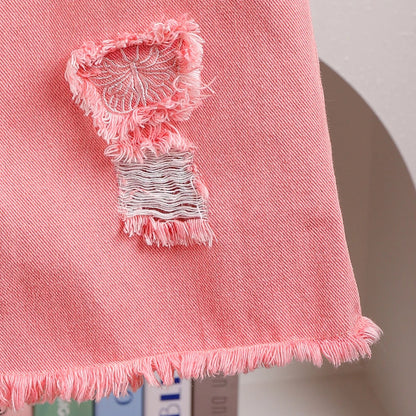 Bear Leader 2025 Summer 4-6 Year Old Streetwear Girls' Sets Sleeveless Butterfly Vest+Pink Cowboy Piercing Patch Pants 2-Pcs Set.