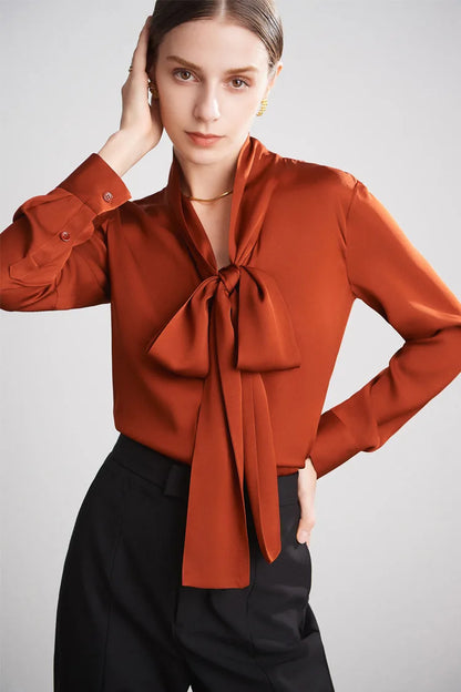 Silk Shirt Women's Thick Temperament Streamer 2025 Spring and Summer New Mulberry Silk Lace-up Design Shirt Long-sleeved Top