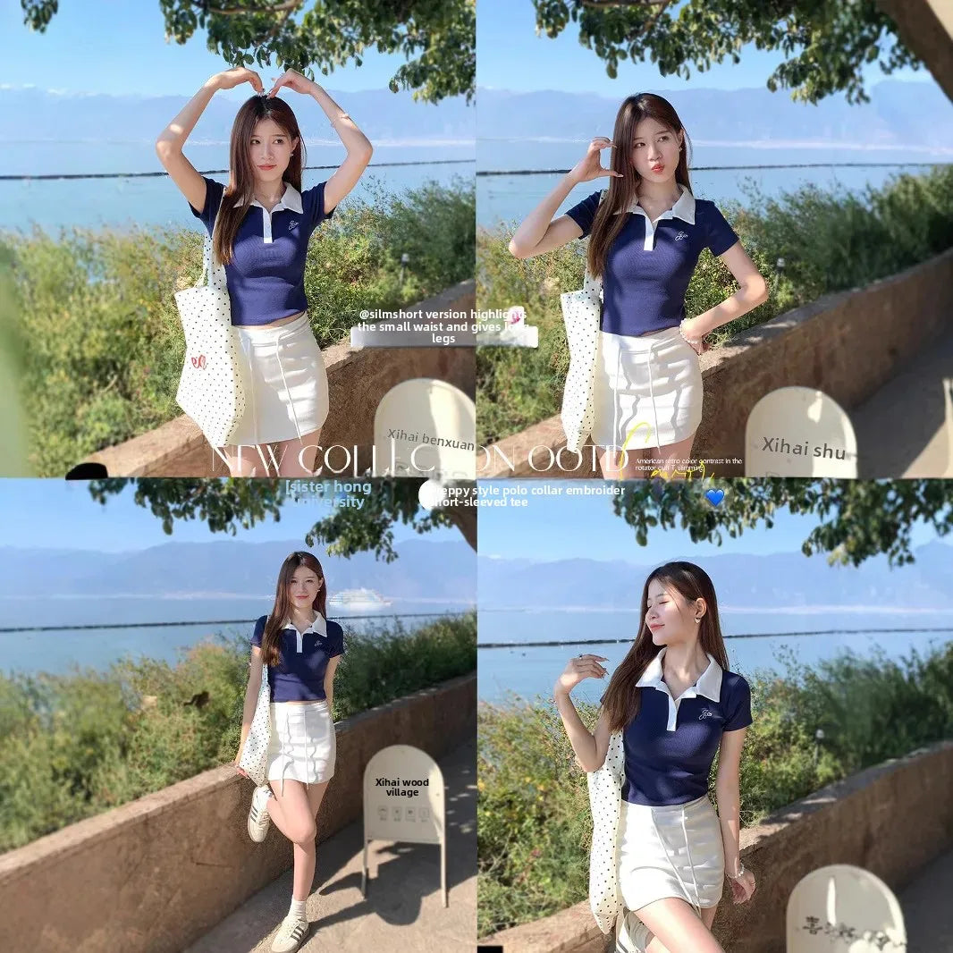 Women's Slim Fit Short Sleeve Polo Shirt Summer New Color Collision Design Red T-Shirt Top Fashionable Casual Business Wear.