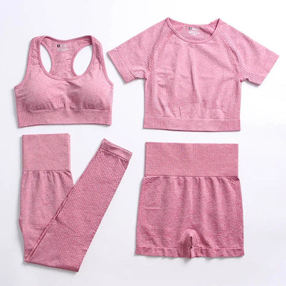 2/4PCS Summer Seamless Yoga Set Women Workout Clothes Sports Bra Short Sleeve Crop Top High Waist Legging Fitness Sports Suits.