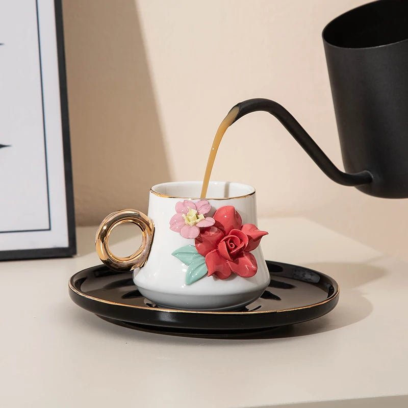 120ml Ceramic Coffee Cup Saucer Set Hand Pinched Flowers with Hand and Dish Milk Tea Porcelain Drinkware Tableware Gift.