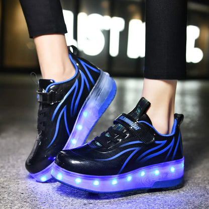 YUNICUS Led Light Boys Girls Shoe USB Charging Black Two Wheels Luminous Sneakers Roller Skate Shoes for Children Kids Led Shoes.