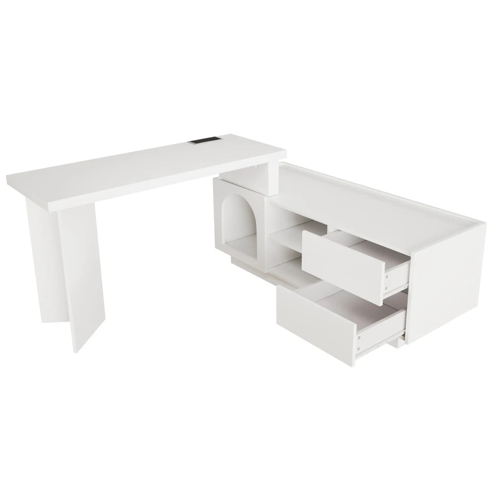 Eckschreibtisch mit integriertem Tierhaus, MDF-Eckschreibtisch aus verdicktem Brett für das Heimbüro mit XLanimal Cave L-förmiger Eckschreibtisch