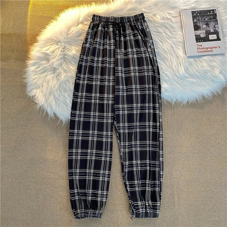 Hosen Frauen Neue Haufen füße Mode Lose Schwarz Plaid Sommer Harajuku Studenten Streetwear Harem Lange Hosen Frauen Chic
