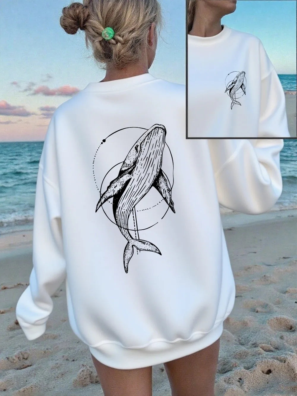 Humpback Whale Printing Sweatshirts Women Casual Crewneck Hoodies Winter Fleece Warm Pullover Loose Comfortable Womans Clothes.