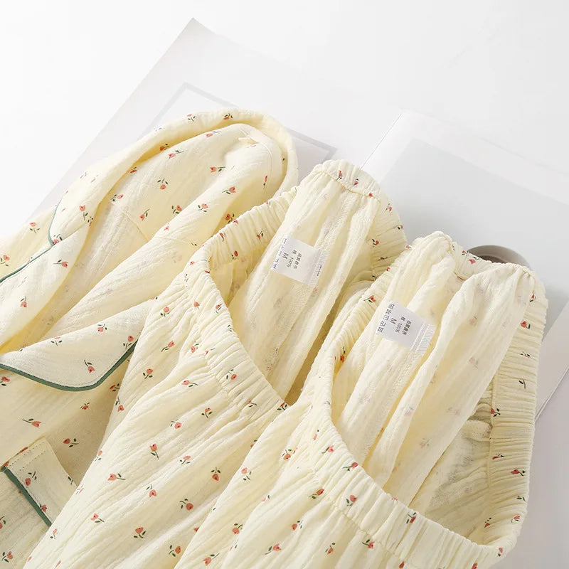 Pajamas pure cotton three-piece set spring and summer thin crepe autumn gauze lapel short-sleeved trousers shorts loungewear set