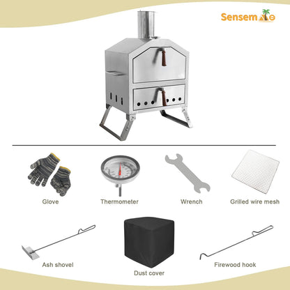 Tragbarer, holzgefeuerter Pizzaofen für den Außenbereich mit 12-Zoll-Stein und Thermometer, klappbare Beine, Camping-Grillmaschine aus Edelstahl für den Hinterhof