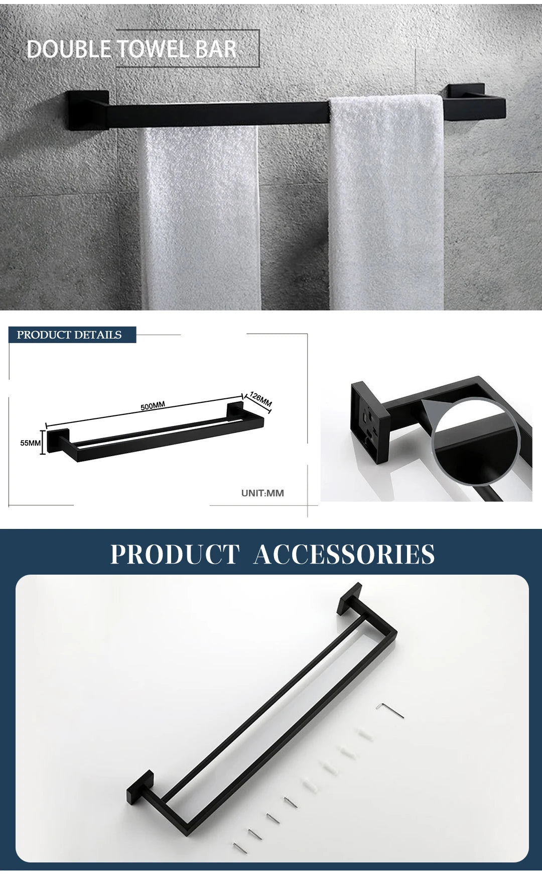 Schwarz Bad zubehör Edelstahl Set Wandre gal Handtuch halter Handtuch halter Taschentuch halter Kleider haken Toiletten bürste Anhänger