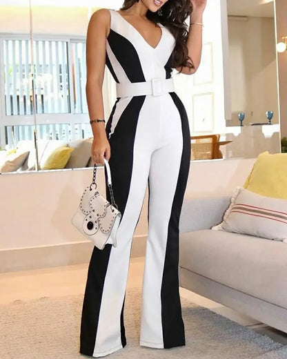 Spring and Summer New Women's Fashion Casual Slim Striped V-neck Black and White Contrast Jumpsuit--without Belt.