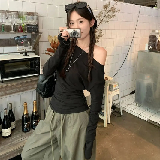 Women Sexy Off Shouder Tops 2025 Fashion New In Y2k Hot Girl Slim Long Sleeve Shirts Solid Autumn Spring Chic T-shirt Streetwear.