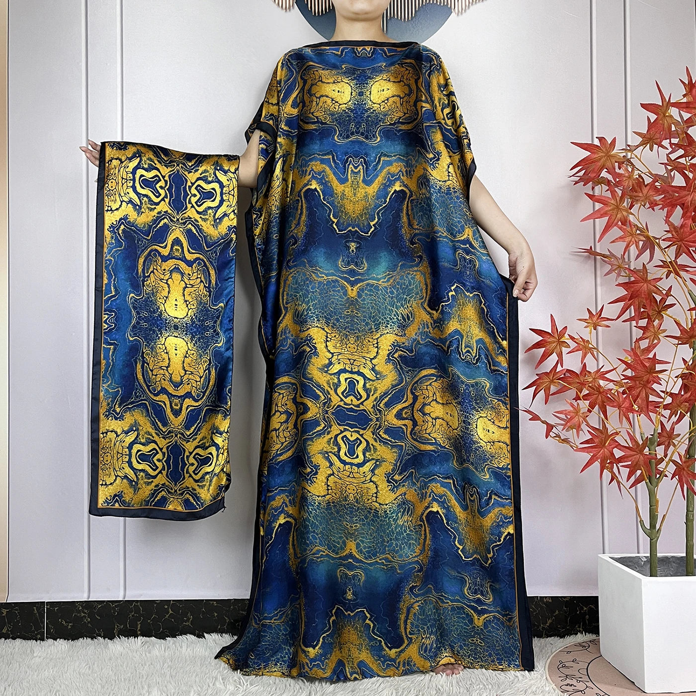 2024 New Dubai Summer Fashion For Women Printed Silk Soft Loose Femme Robe African Islam Maxi Woman Casual Dresses With Turban