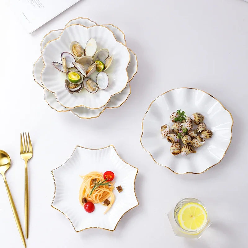 European Golden edged ceramic plate creative home serving plate special-shaped ceramic cutlery dinner plates fruit snack plates.