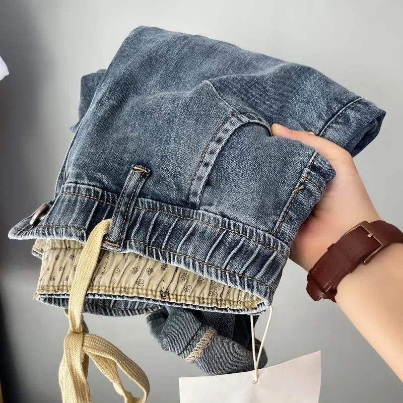 Spring Summer Trendy Men's Jeans Elastic Waist Slimming Harem Pants Smooths Your Silhouette Waist Slim Fit Denim Trousers.