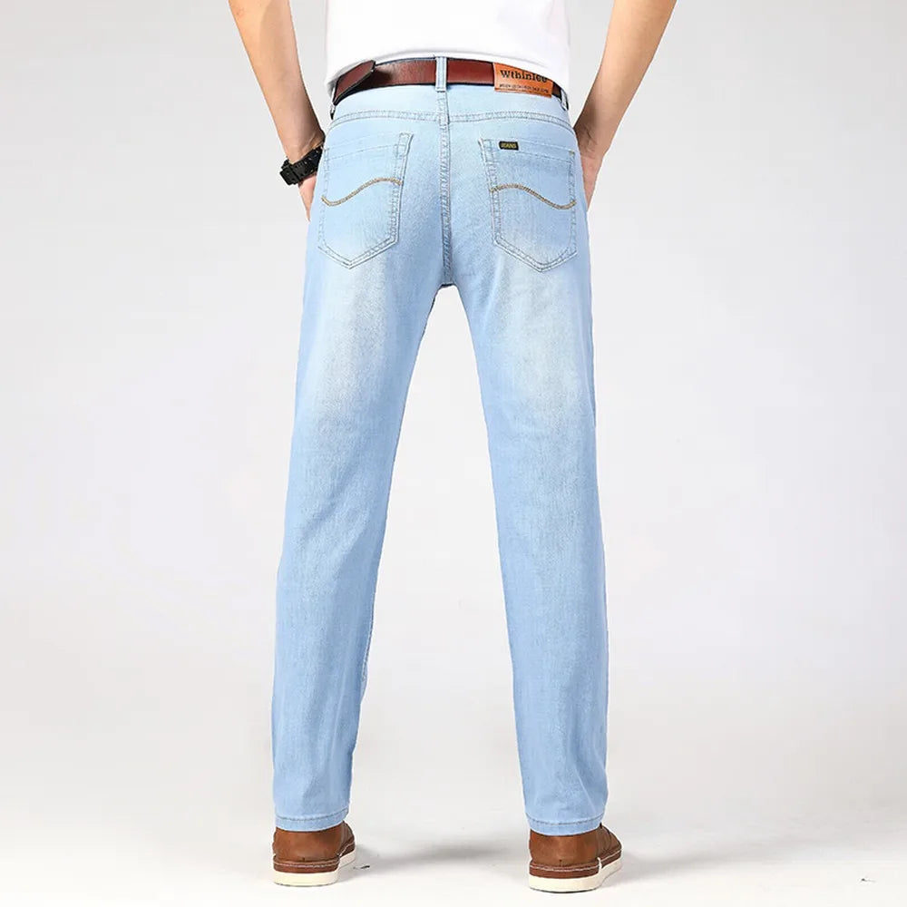 Wthinlee Spring Summer Business Jeans Men Light Blue Casual Straight Stretch Fashion Classic Work Denim Trousers Brand Clothing.