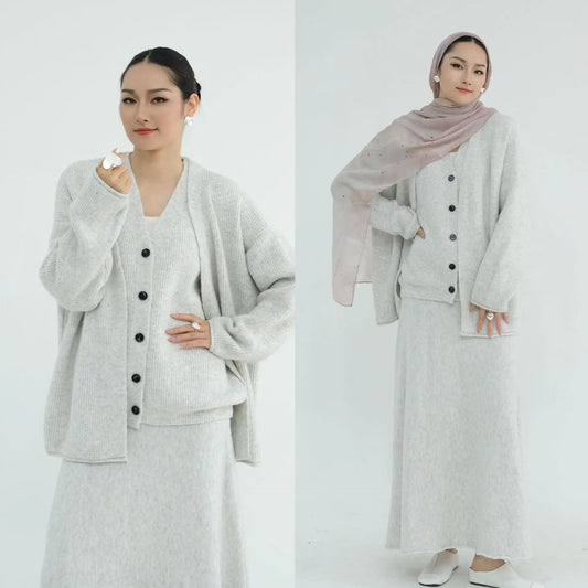 Winter Knitted Wool Cotton 3 Piece Abaya Set + Hijab Daily Thick Warm Modest Muslim Women Islamic Wholesale Suit Abaya.