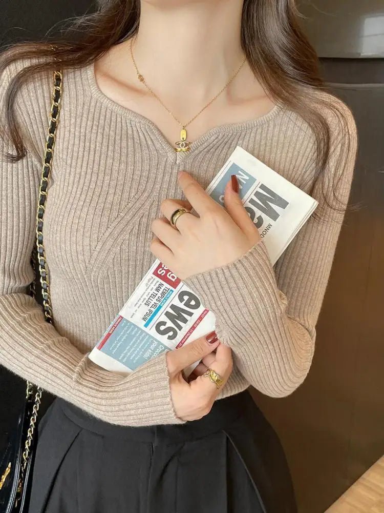 2025 grundlegende V-ausschnitt Chic Herbst Winter Pullover Frauen Weibliche Gestrickte Rippen Pullover Dünne Lange Hülse Badycon Hohe Qualität Pullover