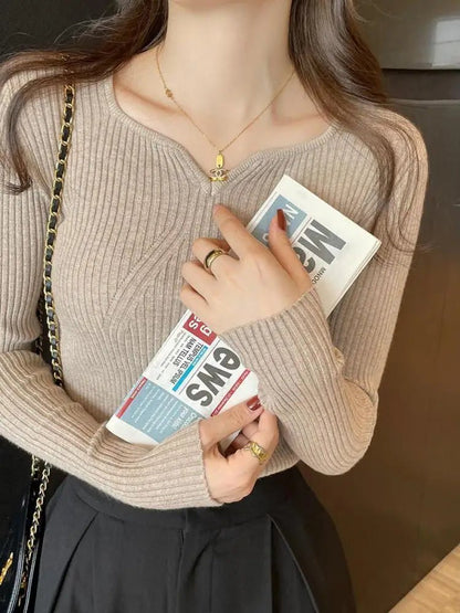 2025 grundlegende V-ausschnitt Chic Herbst Winter Pullover Frauen Weibliche Gestrickte Rippen Pullover Dünne Lange Hülse Badycon Hohe Qualität Pullover