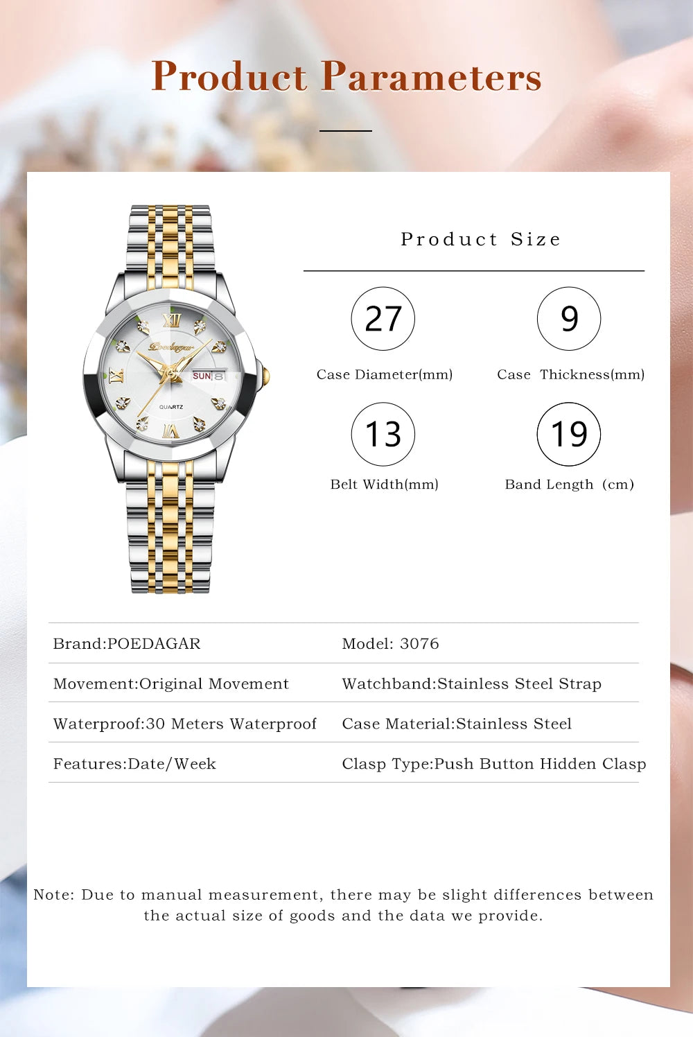 POEDAGAR Top Luxury Woman's Quartz Watch Waterproof Luminous Date Week Ladies Casual Watch Stainless Steel Elegant Women Watches.