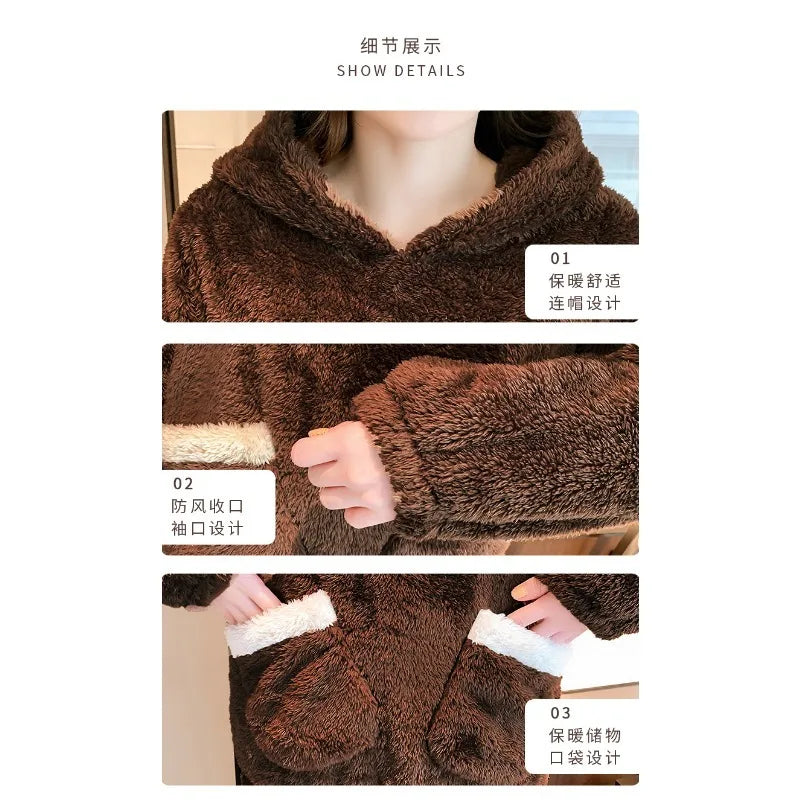 Verdickte warme Flanell Herbst und Winter Frauen Cartoon Plüsch mit Kapuze Bär Nachtwäsche Loungewear zweiteilige solide Nachtwäsche Homewe