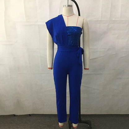 Women Jumpsuits Sleeveless Rompers Overalls Solid One Piece Pencil Pants Slim Belt Slight Strech Spliced Sequins Office Lady.