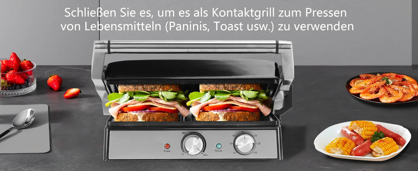 Aigostar contact grill, ceramic-coated, 30-minute timer. Panini grill and sandwich maker for sandwiches, steak, and toasters.