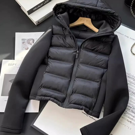 ZBZA Damenmode mit Kapuze, Neopren-Effekt, gespleißter, wattierter Jacke, hoher Kragen, lange Ärmel, verstellbare Kapuze, lässig, schmale Passform, warmer Mantel, Herbst/Winter, neue schicke Damen-Oberbekleidung