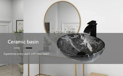 KEMAIDI Ovales Waschbecken mit Wasserhahn, weiße Marmorierung, Badezimmer-Waschbecken über der Theke, Keramik-Waschbecken für Badezimmermischer