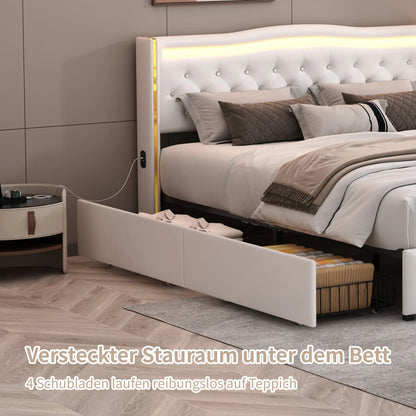 Rosahqnda Modernes Doppelbettgestell aus weißem PU-Leder, vergoldetes Kopfteil mit vier Schubladen ohne Matratze