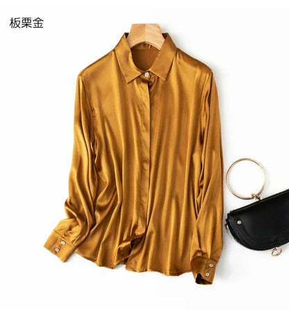 Tajiyane Damen-Langarmshirt aus 93 % Maulbeerseide, 7 % Elasthan, 19 Momme, Satin-Seidenknöpfe, Oberteil, Bluse, Büroarbeit, Chemise Femme