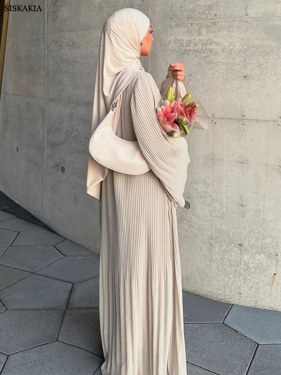 Siskakia Ramadan-Muslim Solid Wrinkle Dresses For Women's Dubai  Moroccan Petal Sleeve Abayas O-Neck Elegant Kebaya 2024.