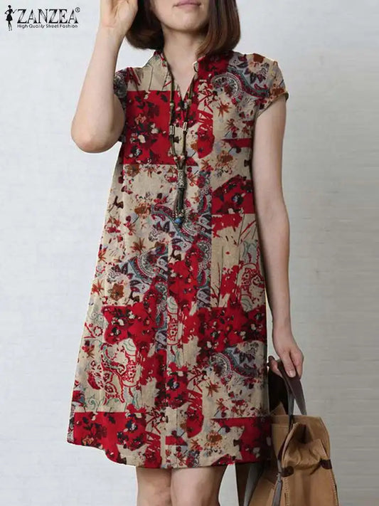 Zanzea Vintage Sommerkleid Sommer knielanges Kleid Frauen Kurzarm lässig Urlaub Kleider Bohemian Blumen gedruckt Vestidos Robe