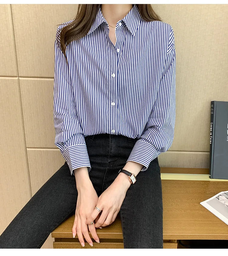 1pcs Woman Four Season Stripe Shirts Lady Casual Long Sleeve Turn-down Collar Loose Shirt Female Business Attire Korean Tops.
