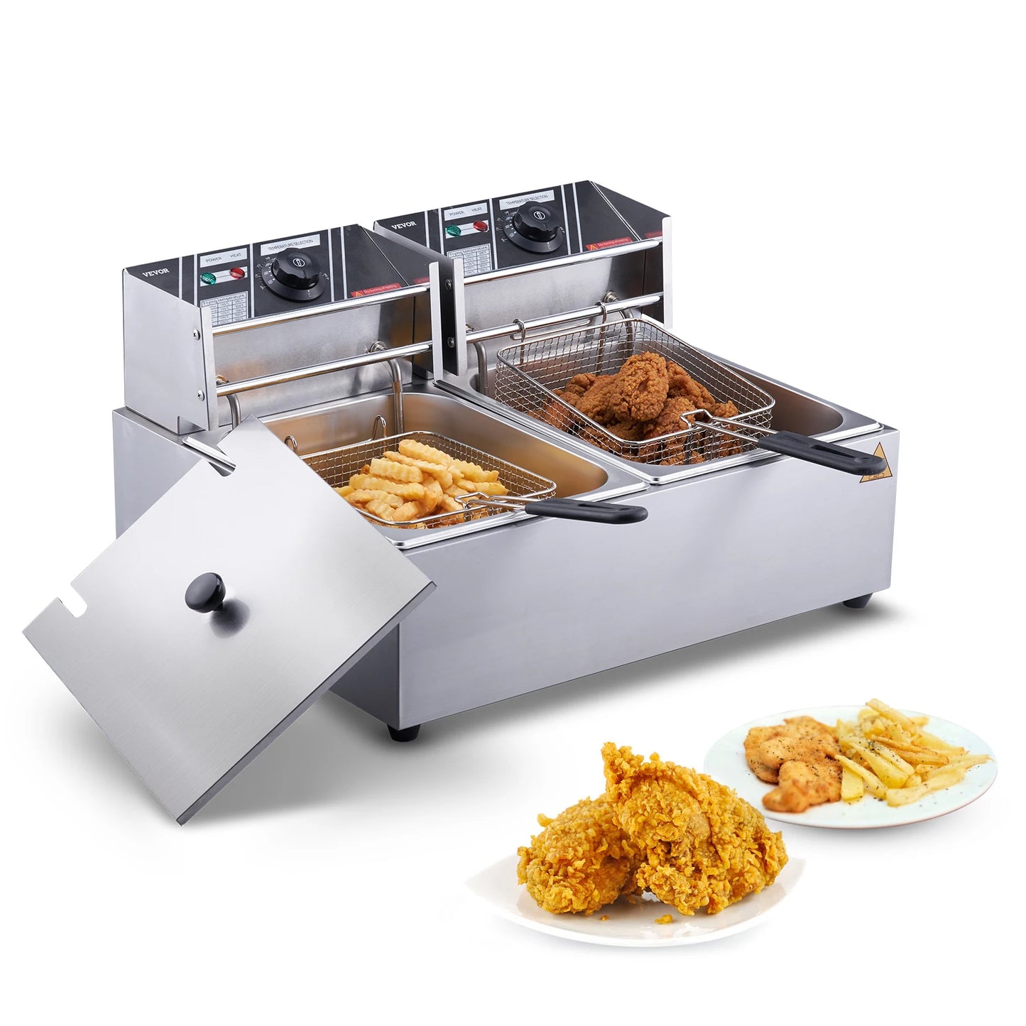 SucceBuy 12L Commercial Electric Deep Fryer w/Dual Tanks 3000W  Stainless Steel Countertop Fryer for Fried Chicken French Fries