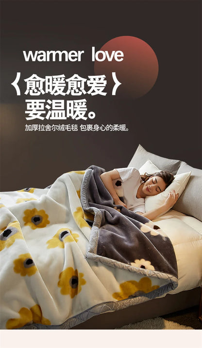 Double Sided Printed Autumn Winter Blankets for Bed Soft Warm Encrypted Flocking Raschel Blanket Skin Friendly Weighted Blanket.