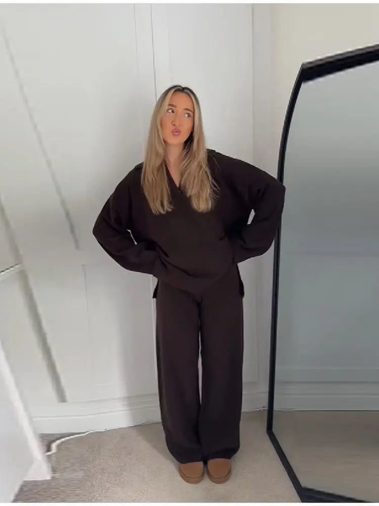 Casual Simple Loose Sweater Trousers Set Solid Color Retro Versatile Comfortable Streetwear Top Pants Commuting Women's Outfit.