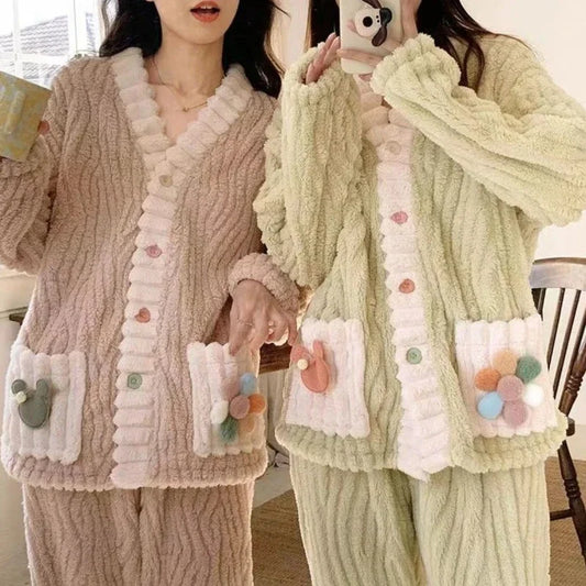 Verdickte Warme Flanell Frauen Nachtwäsche Loungewear Strickjacke Anzug Winter Süße Kawaii Weiche Fee Wind Damen Pyjamas Homewear