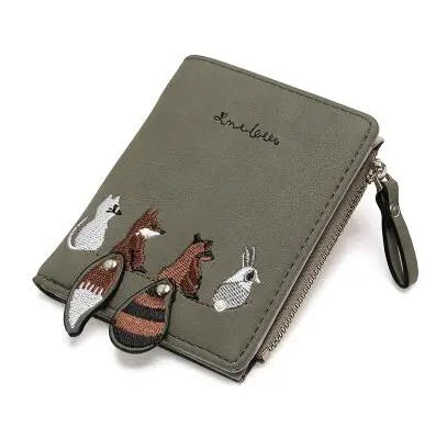 Cute Girl Heart Women's Embroidered Thread Cartoon Animal Wallet Korean Version Short Tassel Zipper Card Bag Earphone Cable Bag.