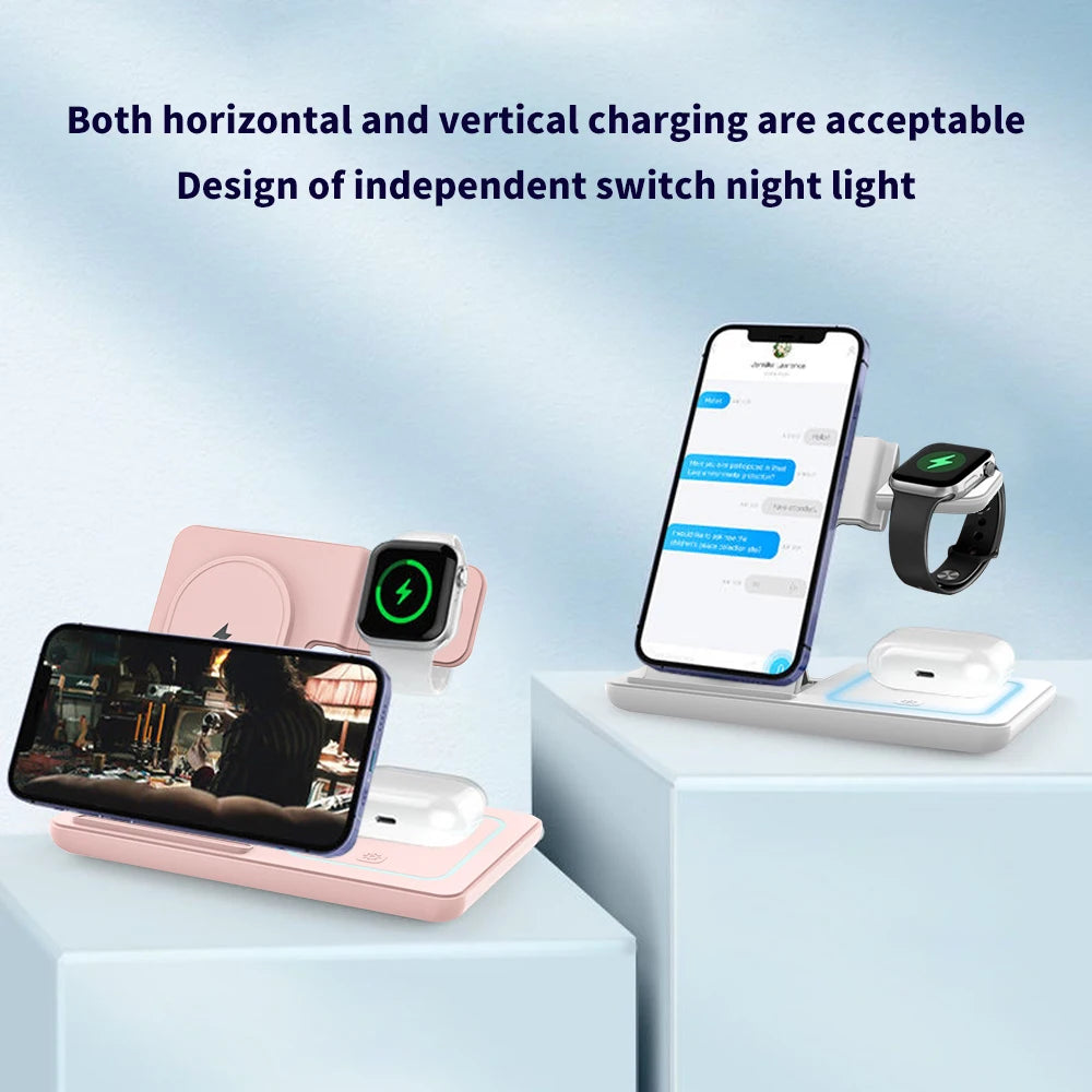 100W Foldable 3 in 1 Night Light Wireless Charger Stand For iPhone Apple Watch 2-8 SE Airpods Pro Fast Charging Station.