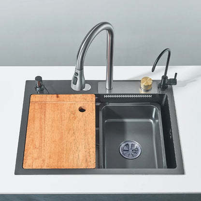 304 Stainless Steel Waterfall Kitchen Sink Large Single Slot with Chopping Board Cup Washer