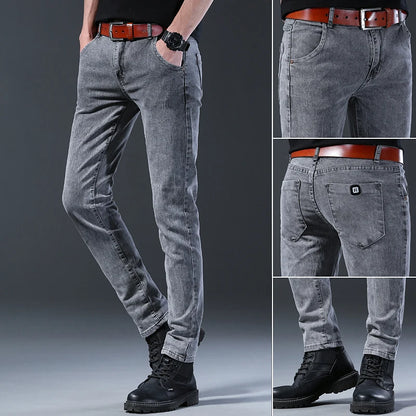 New style jeans, men's slim fit, Korean style comfortable straight leg elastic gray mid waist pants, men's casual denim pants.