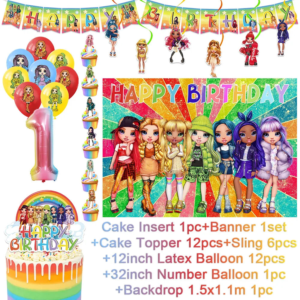 Cartoon Regenbogen Puppe High School Thema Hintergrund Geburtstag Party Dekoration Lieferungen Einweg Tasse Besteck Ballon Baby Geschenk
